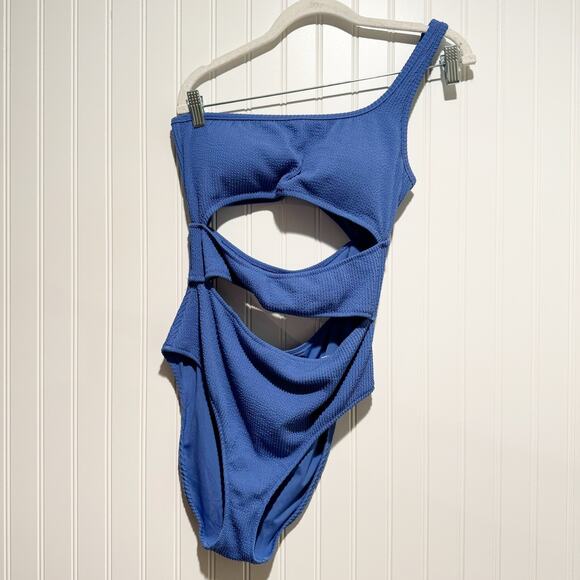 Aerie Blue Crinkle Cut Out One Shoulder One Piece Swimsuit Size Large - Picture 2 of 6